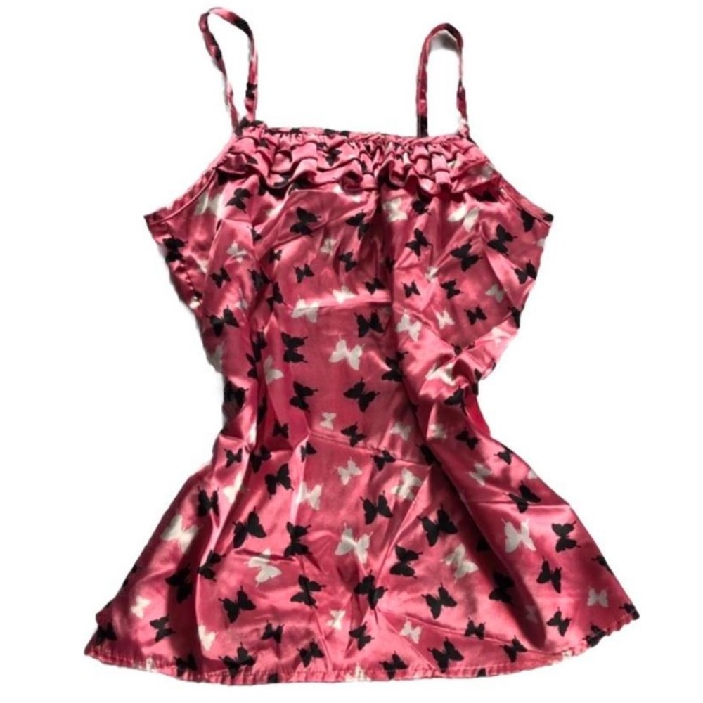 pink ruffled satin butterfly tank top